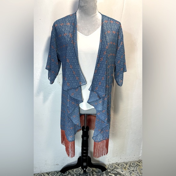 LuLaRoe Tops - #0229 NWT LuLaRoe Blue & Orange Aztec Kimono w/ Bottom Fringe-S